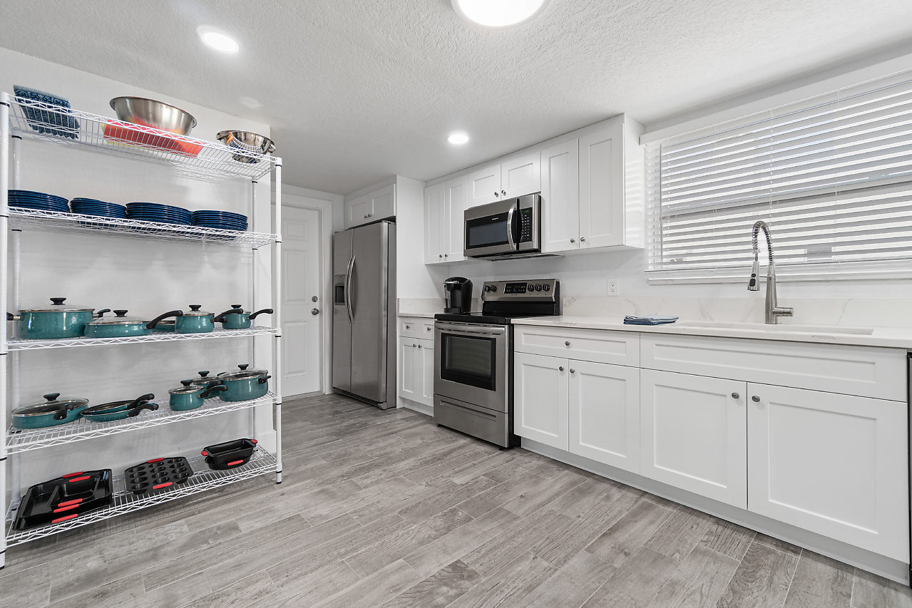 Bright shared kitchen inside a Choices sober living residence